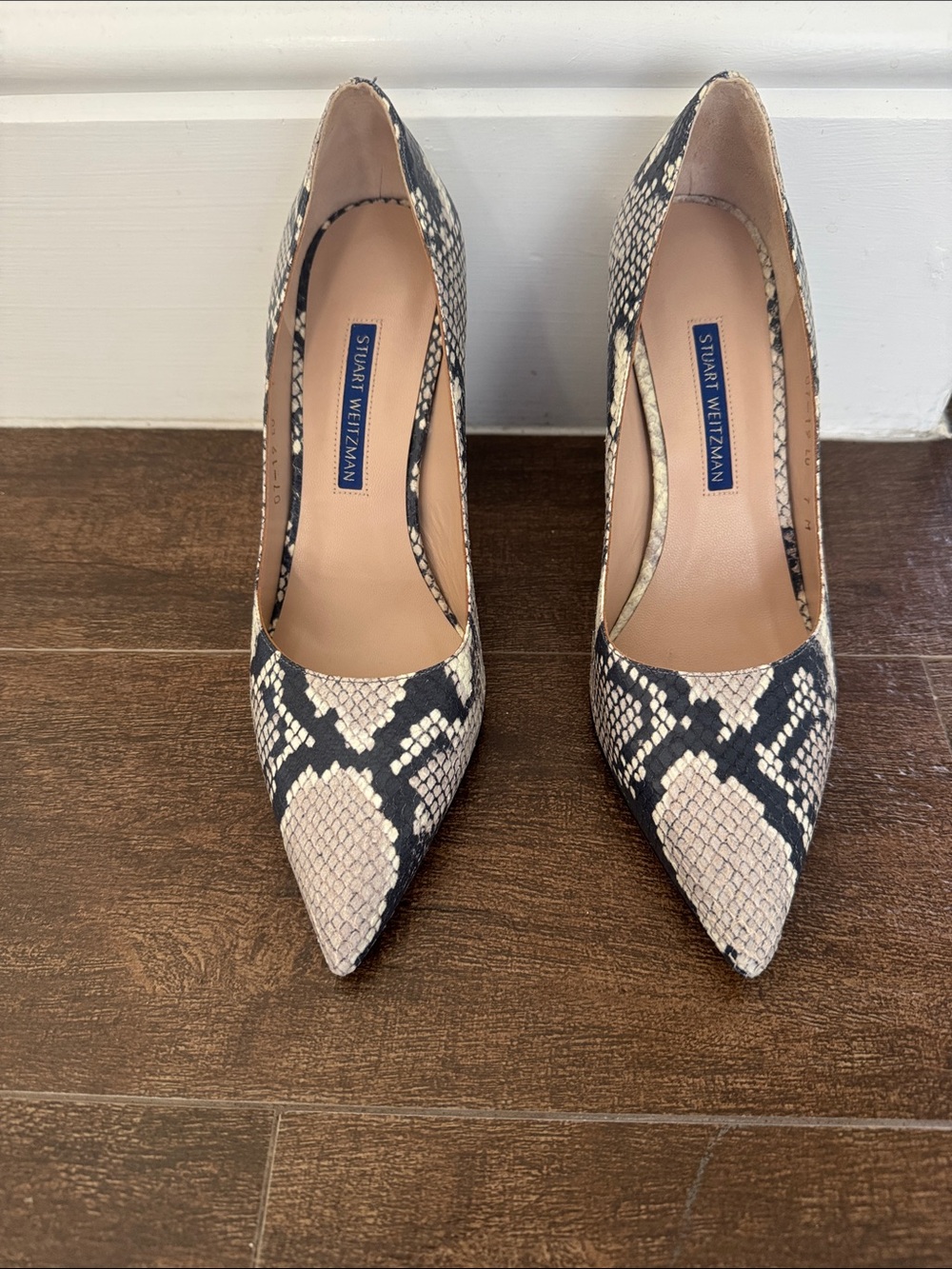 Stuart Weitzman Snake-Print Pointed Toe Block Heel Pumps in Black and Cream